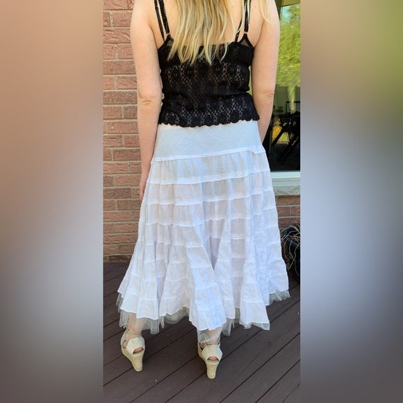 Beautiful White Linen long Skirt full circular Tiered Ruffles elastic waist US M - Picture 5 of 13
